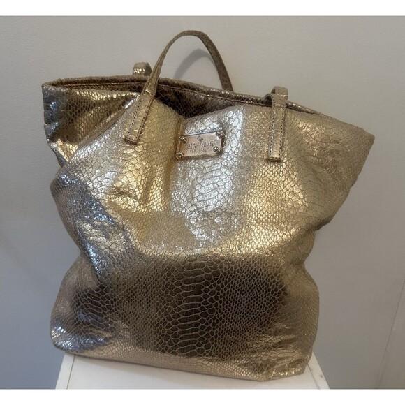 KATE SPADE GOLD METALLIC REPTILE PRINT TOTE - Picture 2 of 2